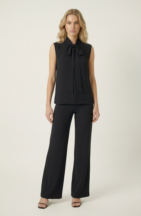 Sleeveless Tie Neck Blouse and Wide Leg Pant Set