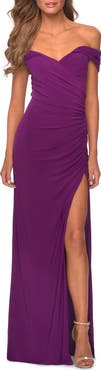 La Femme Off the Shoulder Fully Ruched Floor Length Gown