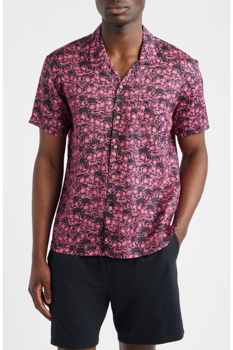 Skull Print Camp Shirt, Main, color, BLACK/ RED