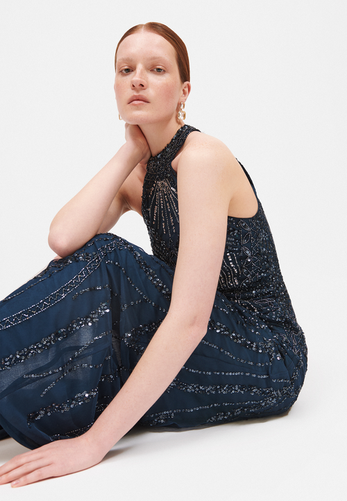 Beauut Embellished Sequin Beaded Halter Neck Maxi Dress In Navy
