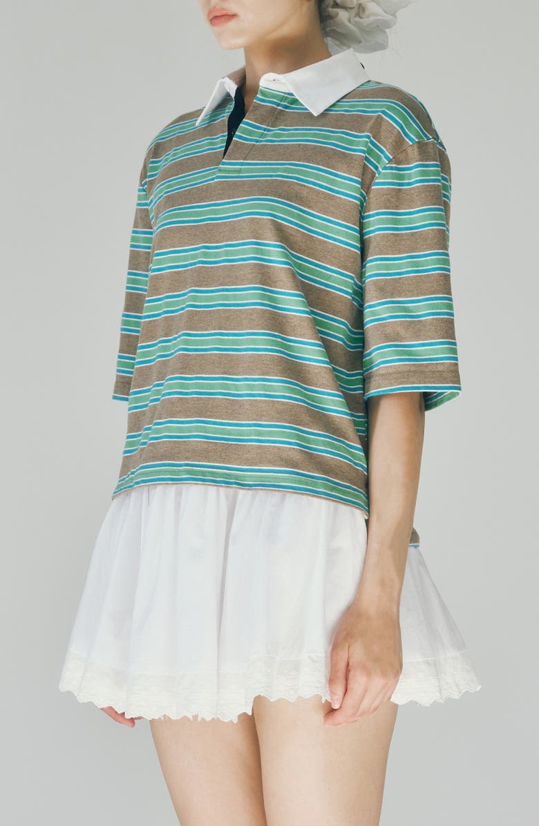 MAUDE CLUB Frankie Stripe Stretch Cotton Polo, Alternate, color, Aqua Camel Stripe