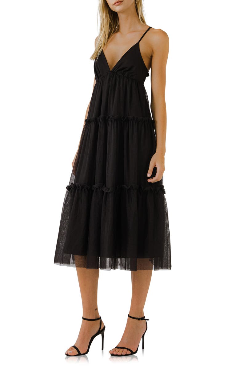 English Factory Tulle Contrast Sleeveless Midi Dress, Alternate, color, 