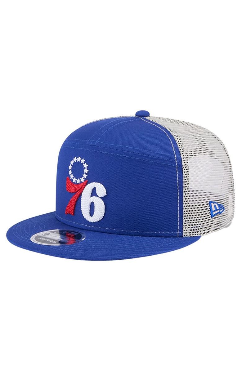 New Era Men's Philadelphia 76ers  New Era Blue Victory Grove Split Panel 9FIFTY Snapback Hat, Main, color, 