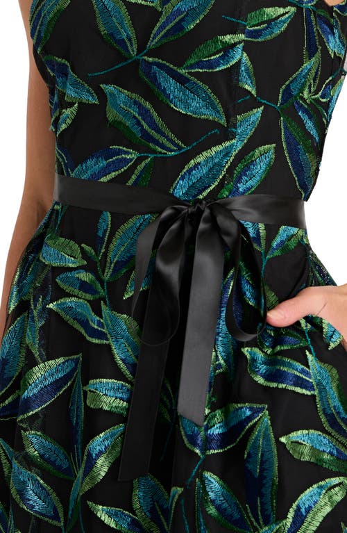 Tahari Asl Embroidered Tie Waist Sleeveless Midi Dress In Black