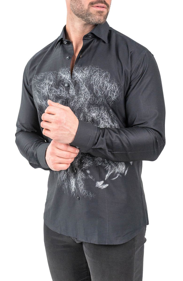 Maceoo Fibonacci Lionchalk Black Contemporary Fit Button-Up Shirt, Alternate, color, Black