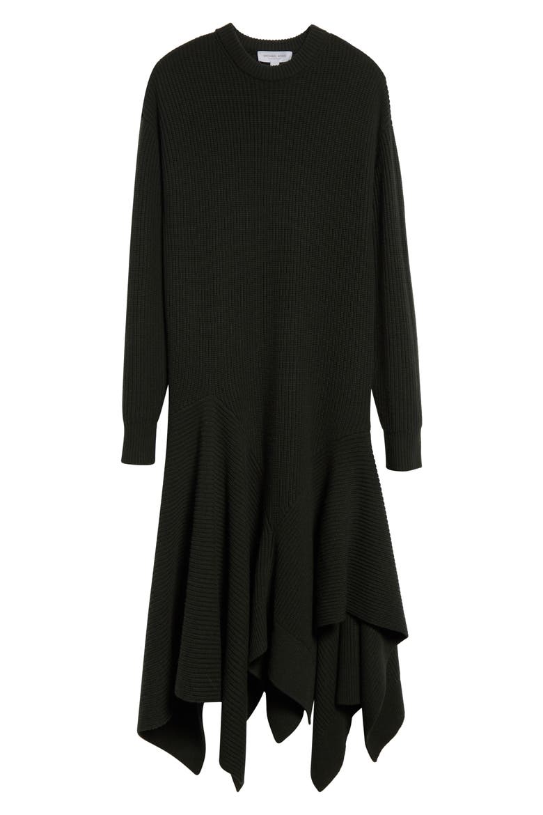 Handkerchief Hem Long Sleeve Cashmere Rib Sweater Dress, Alternate, color, BOTTLE