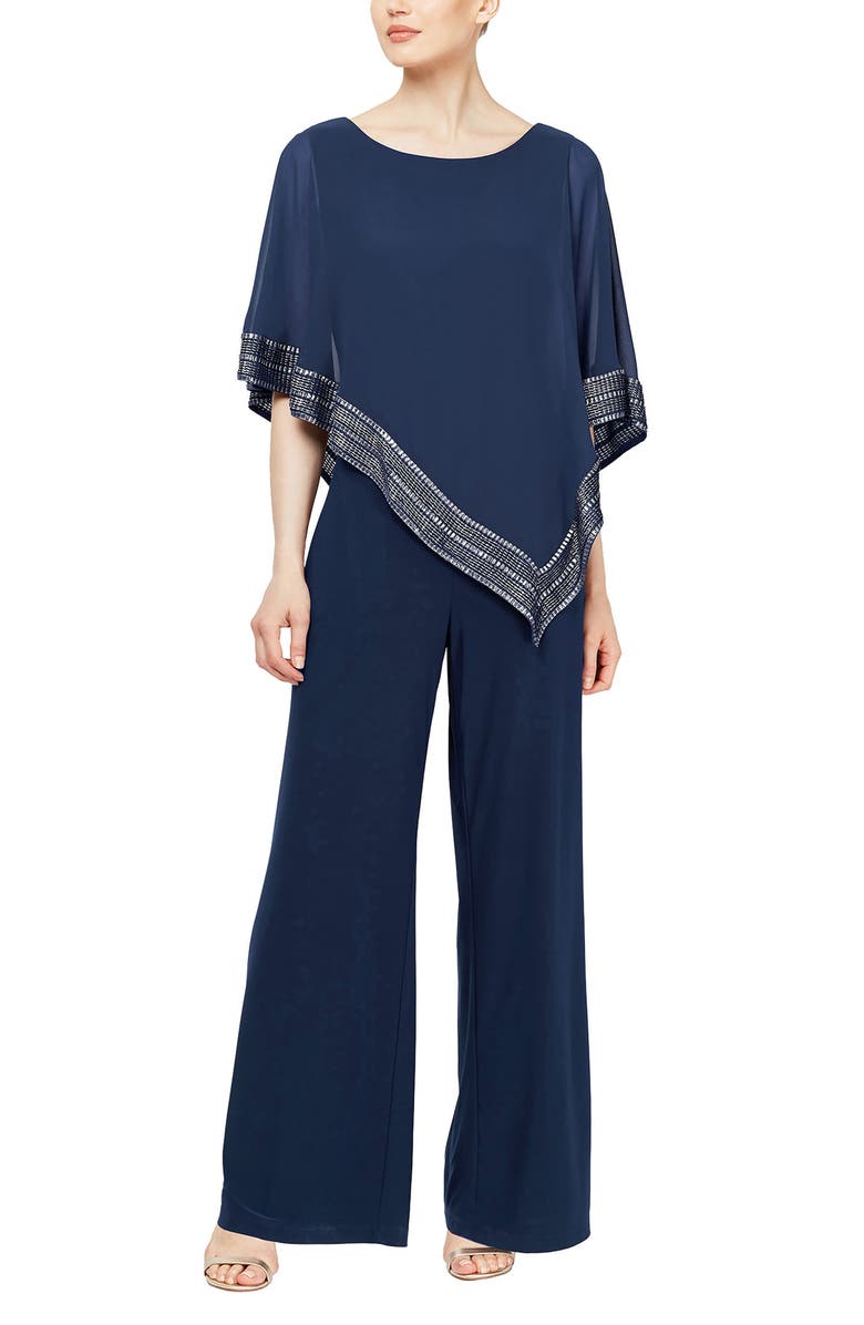 SL FASHIONS Asymmetrical Foil Trim Cape Jumpsuit, Main, color, Navy/ Silver