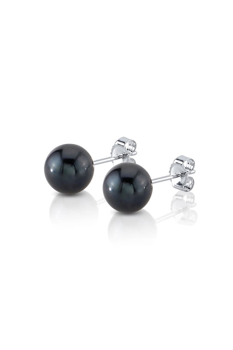 7mm Black Freshwater Round Pearl Stud Earrings, Main, color, White Gold