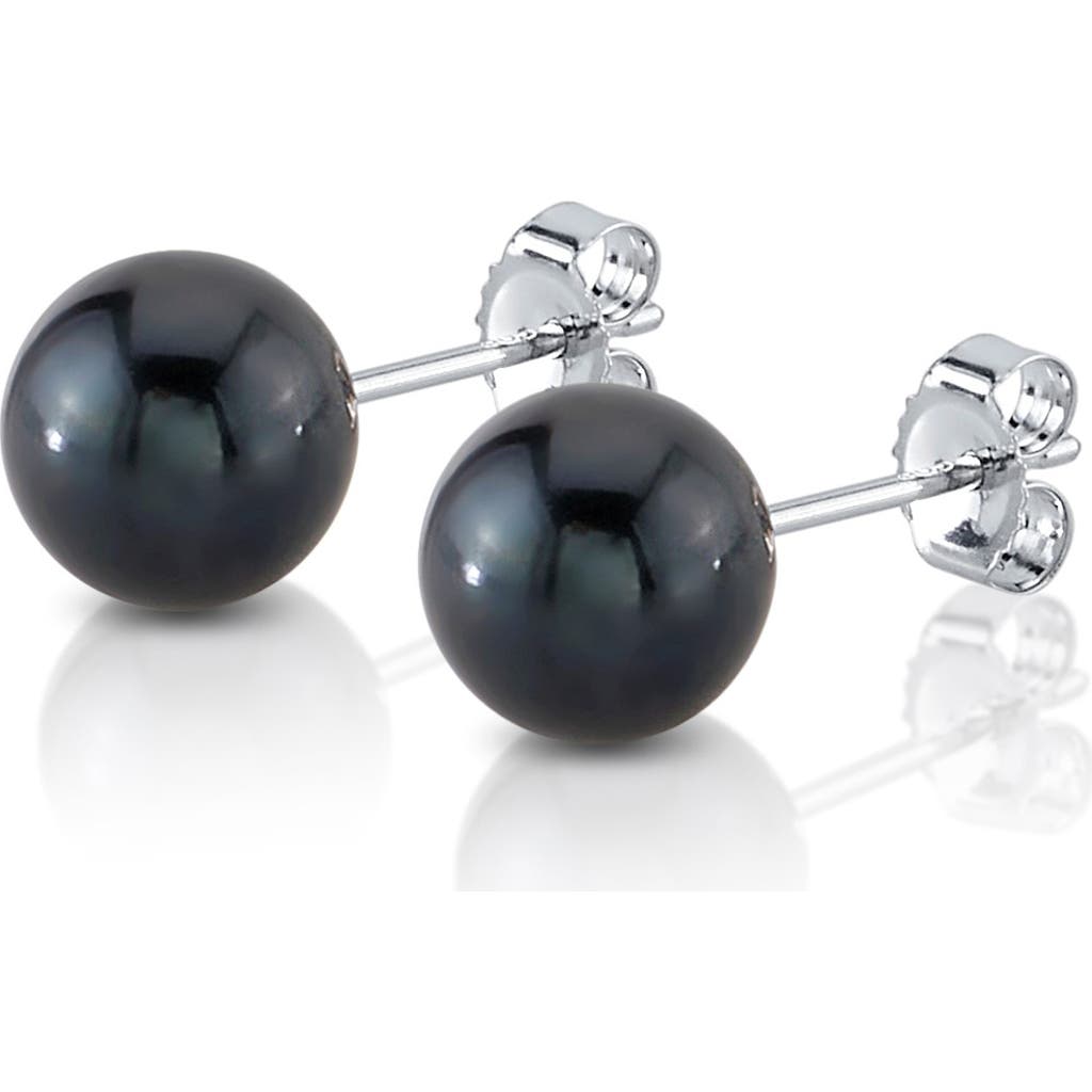 The Pearl Source 8mm Black Freshwater Round Pearl Stud Earrings In White Gold