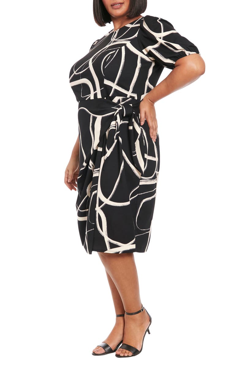 London Times Puff Sleeve Tie Waist Midi Dress, Alternate, color, Black Cream