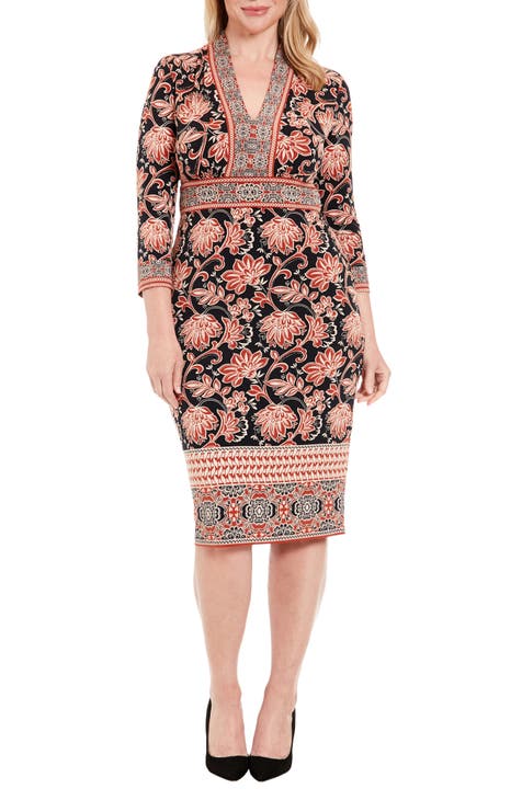 Floral Border Print Midi Sheath Dress