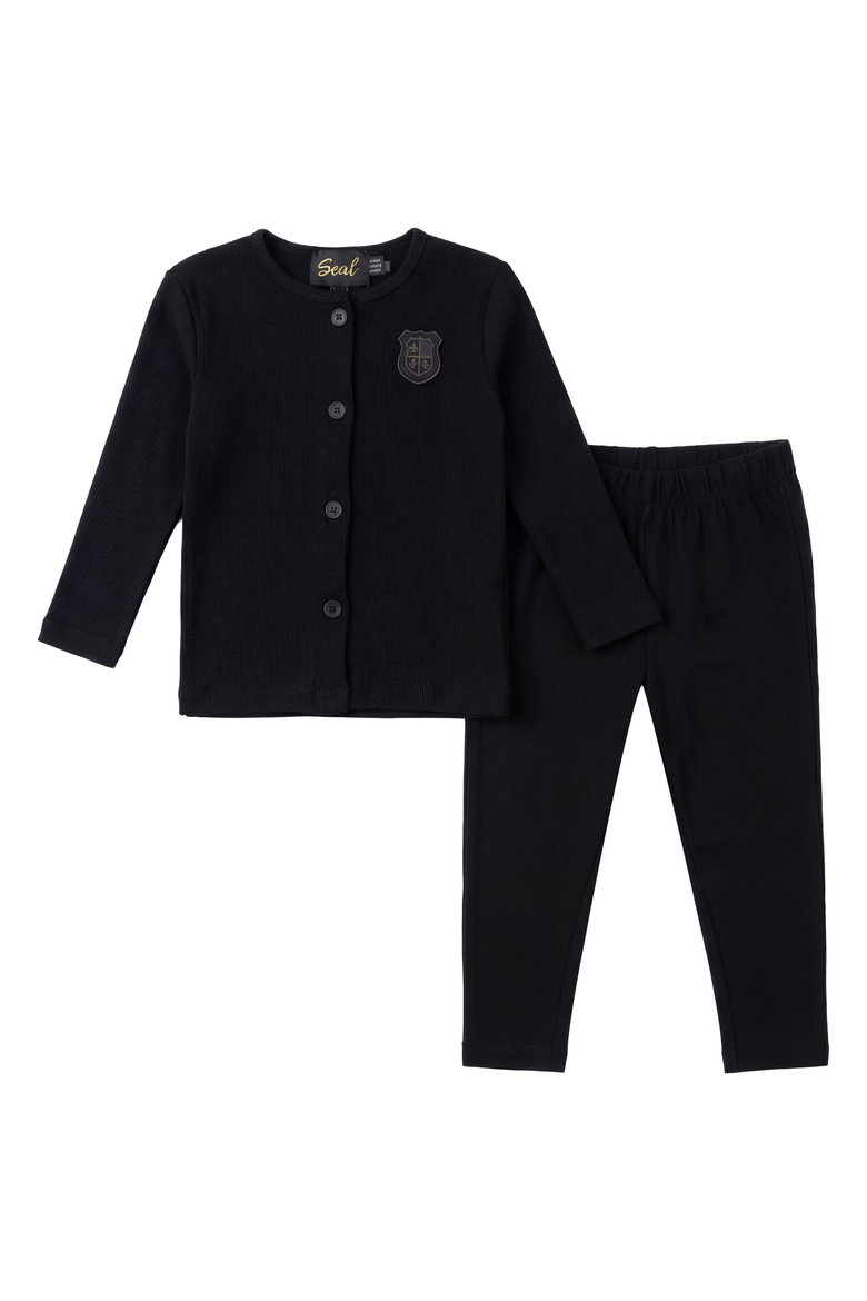 Kids Ribbed Button-Down Top and Matching Pants Set - Black, Main, color, Black