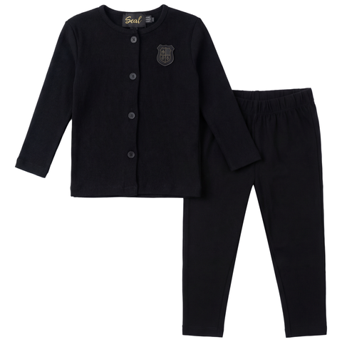 Kids Ribbed Button-Down Top and Matching Pants Set - Black