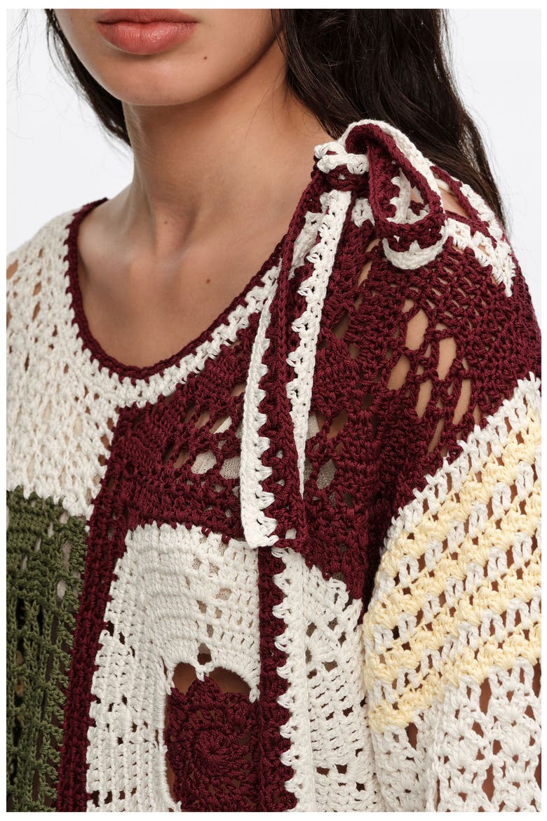 Straight Multicolored Crochet Sweater, Alternate, color, DARK GREEN