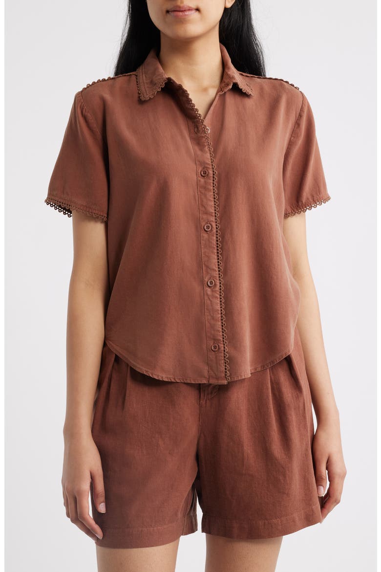 Picot Trim Short Sleeve Button-Up Shirt, Main, color, SUNRISE MOCHA