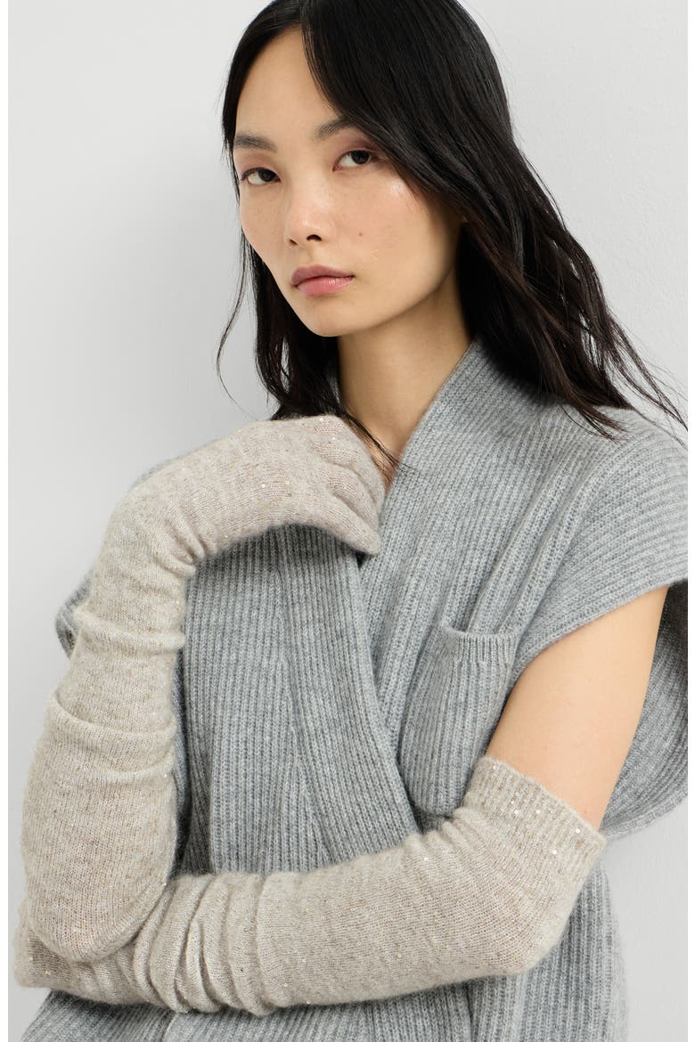 Lace flowers knit long gloves in sparkling mohair and virgin wool, Alternate, color, Buff