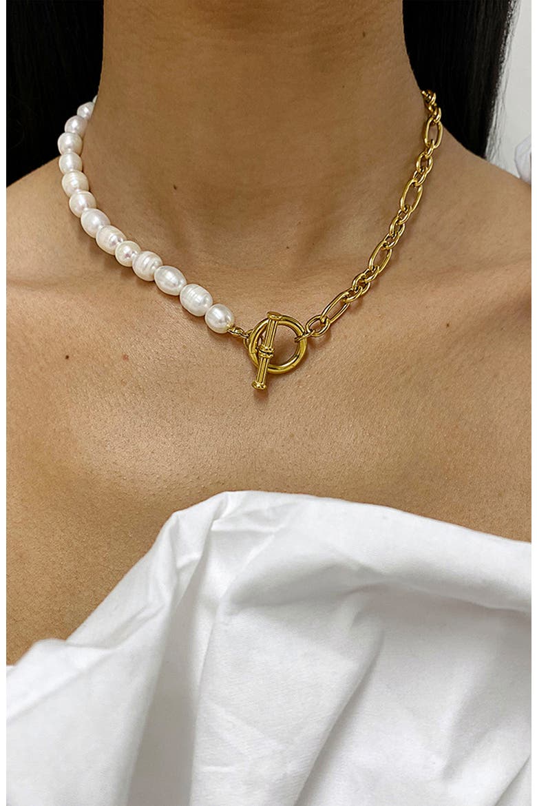 14K Yellow Gold Plated Water Resistant Stainless Steel 10-11mm Freshwater Pearl Half and Half Necklace, Alternate, color, WHITE