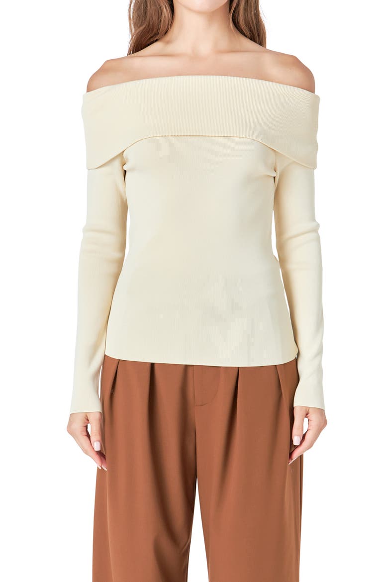 Folded Off the Shoulder Rib Top, Alternate, color, BEIGE