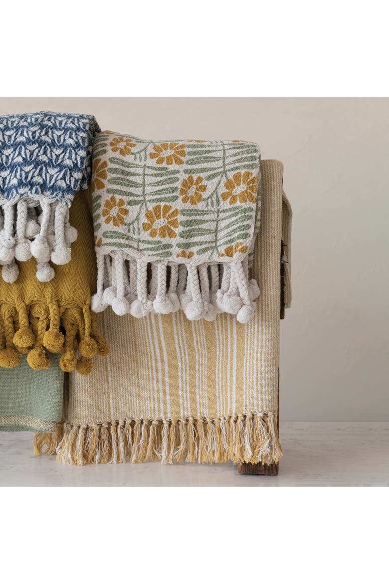 Soft Woven Reclaimed Cotton Blend Printed Throw with Flowers and Pompom Tassels, Sage and Mustard, Alternate, color, Green
