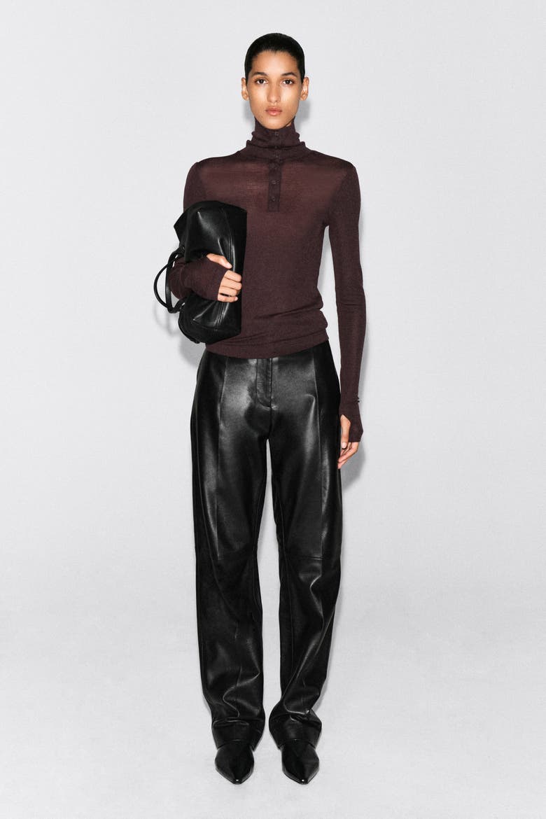 Merino Wool Buttoned Mock-Neck Top, Alternate, color, BURGUNDY