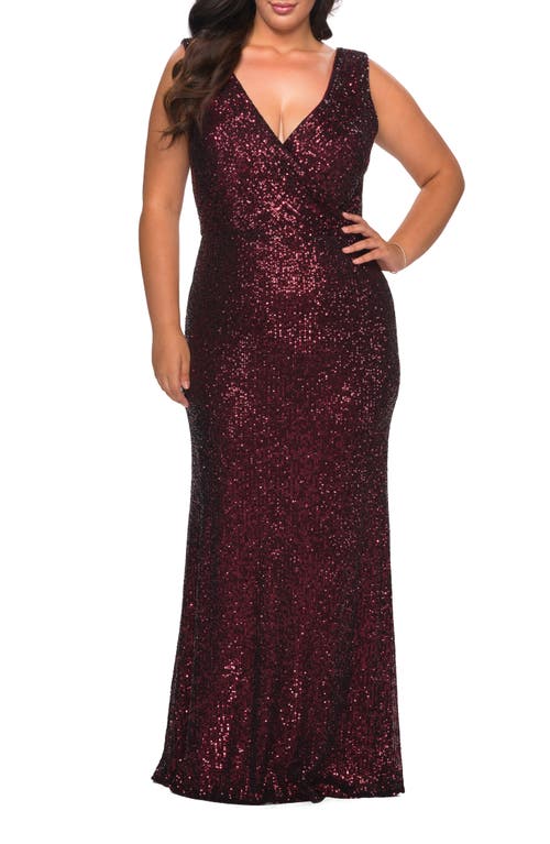 La Femme Long Sequin Plus Size Gown With V-neck In Wine