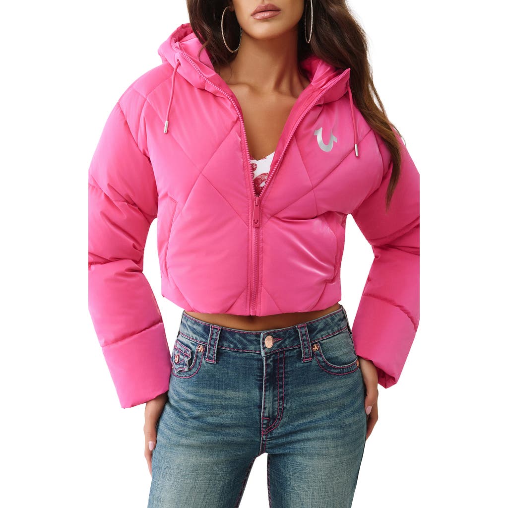 True Religion High Shine Hooded Crop Puffer Jacket In Pink
