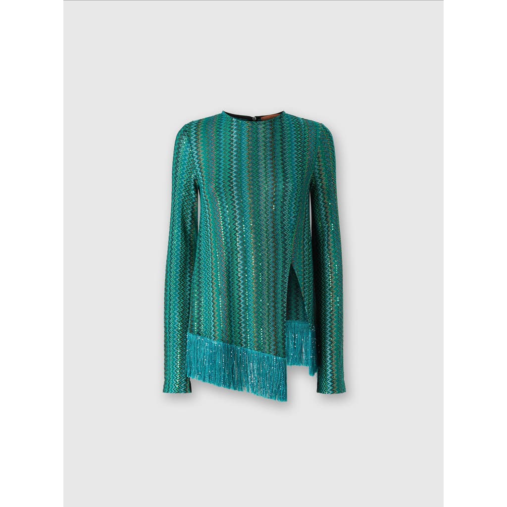 MISSONI MISSONI ZIG ZAG SWEATER WITH SEQUINS AND ASYMMETRICAL HEM WITH FRINGES