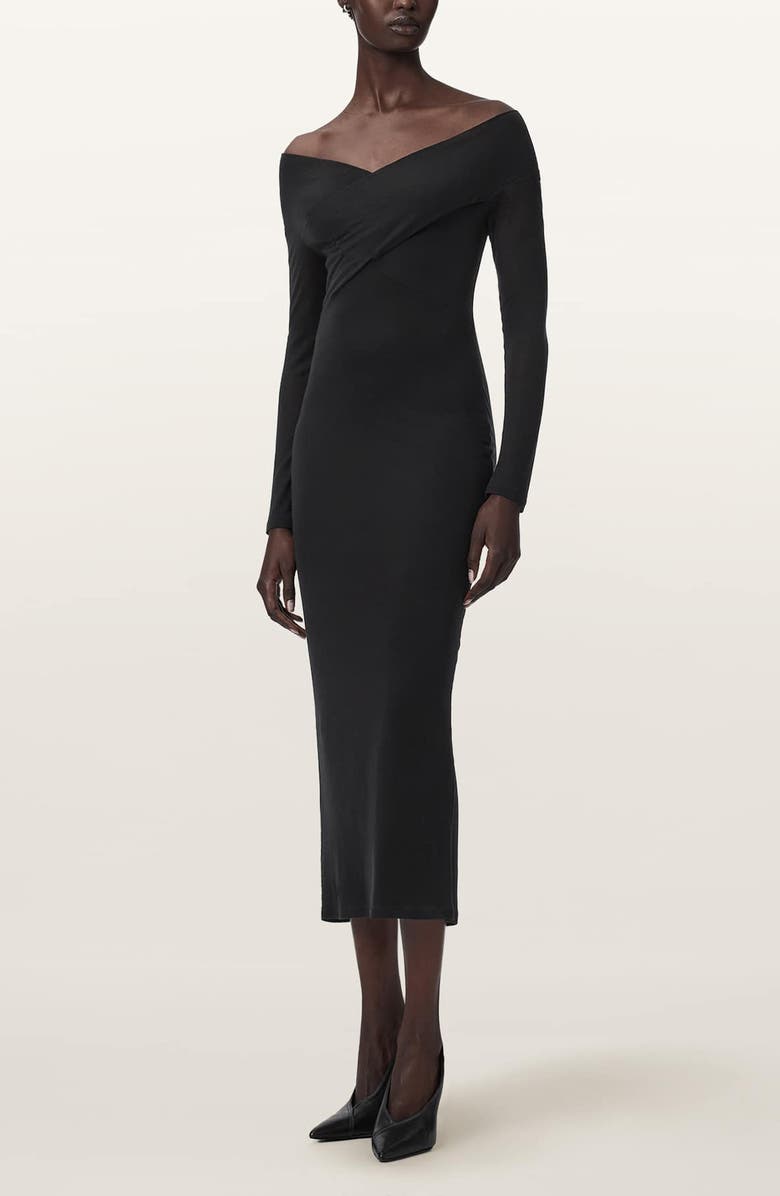 AllSaints Delta Off the Shoulder Long Sleeve Jersey Midi Dress, Main, color, Black