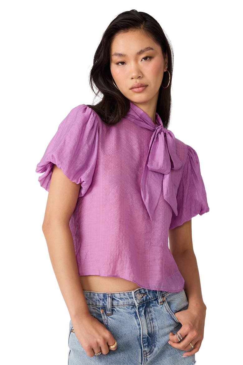 Lolanie Puff Sleeve Tie Neck Top, Alternate, color, DUSTY LAVENDER