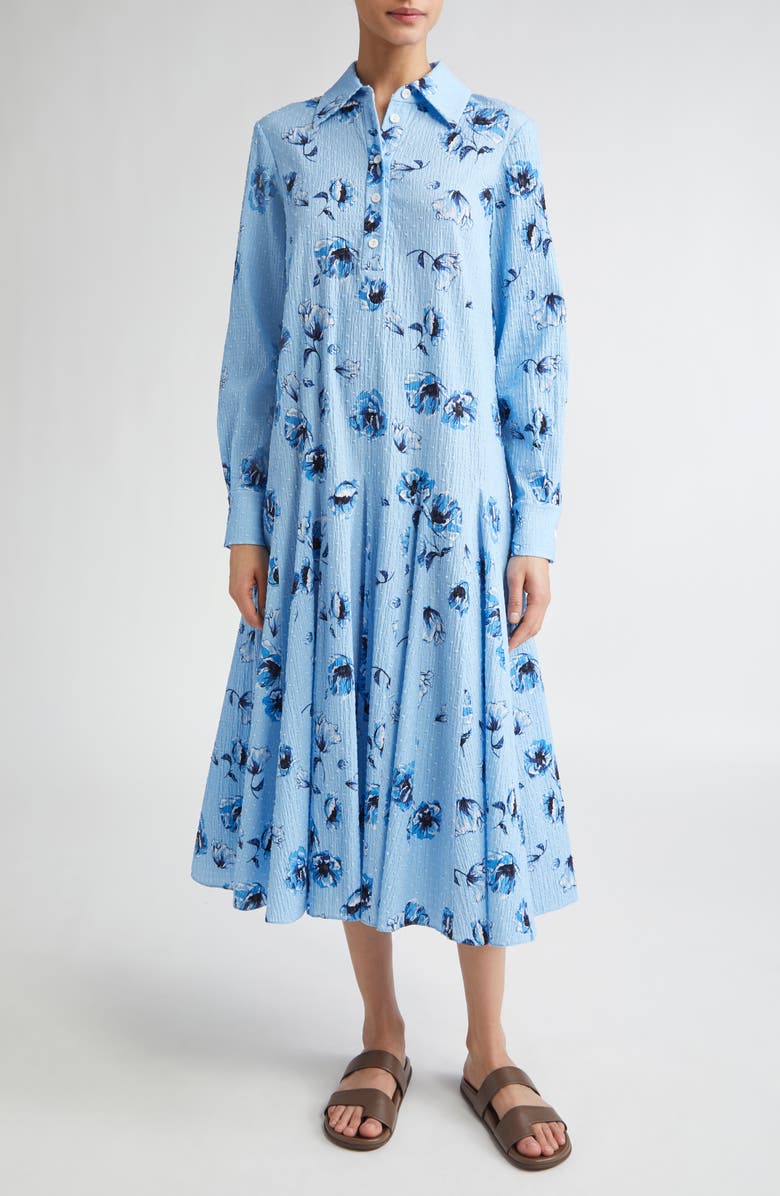Emilia Wickstead Marione Floral Swiss Dot Long Sleeve Seersucker Shirtdress, Main, color, Blue Poppies On Baby Blue