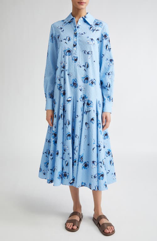 Emilia Wickstead Marione Floral Swiss Dot Long Sleeve Seersucker Shirtdress In Blue