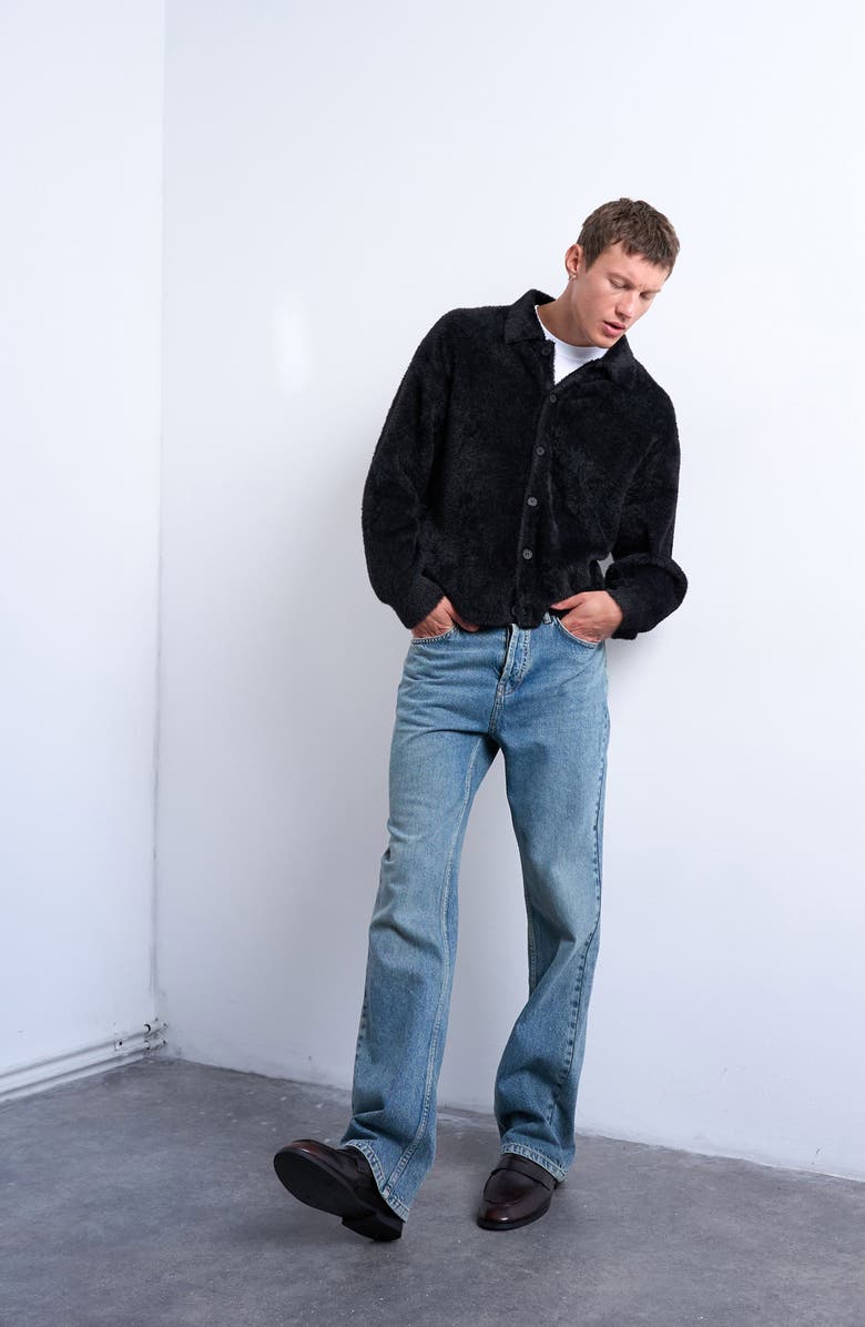 Topman Fluffy Collared Cardigan, Alternate, color, Black