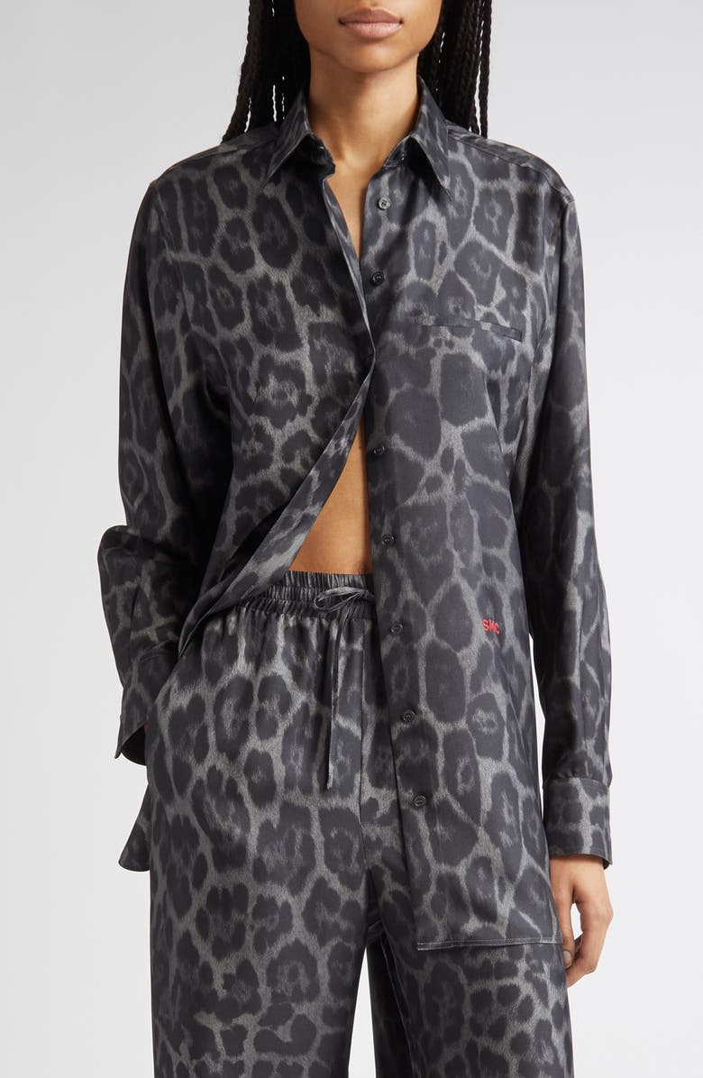 Stella McCartney Leopard Print Silk Button-Up Shirt, Main, color, Ash Grey