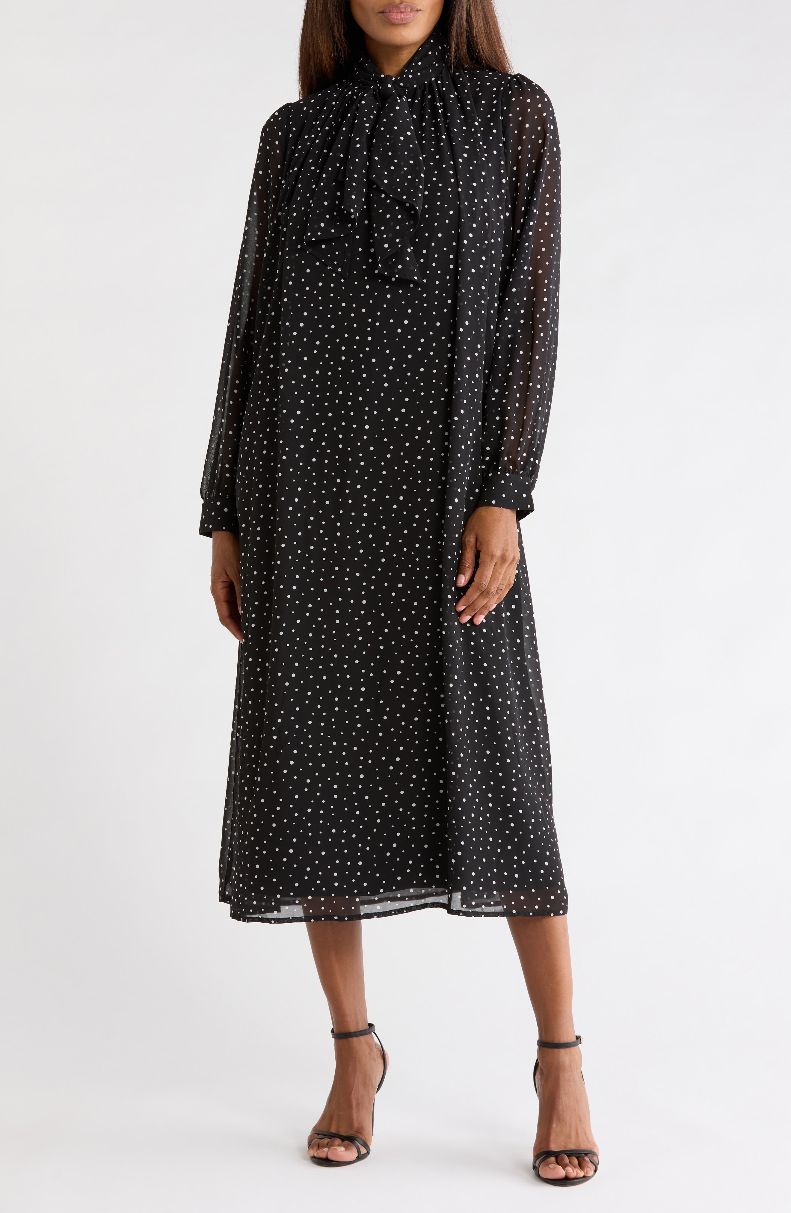 Dot Print Tie Neck Long Sleeve Midi Dress