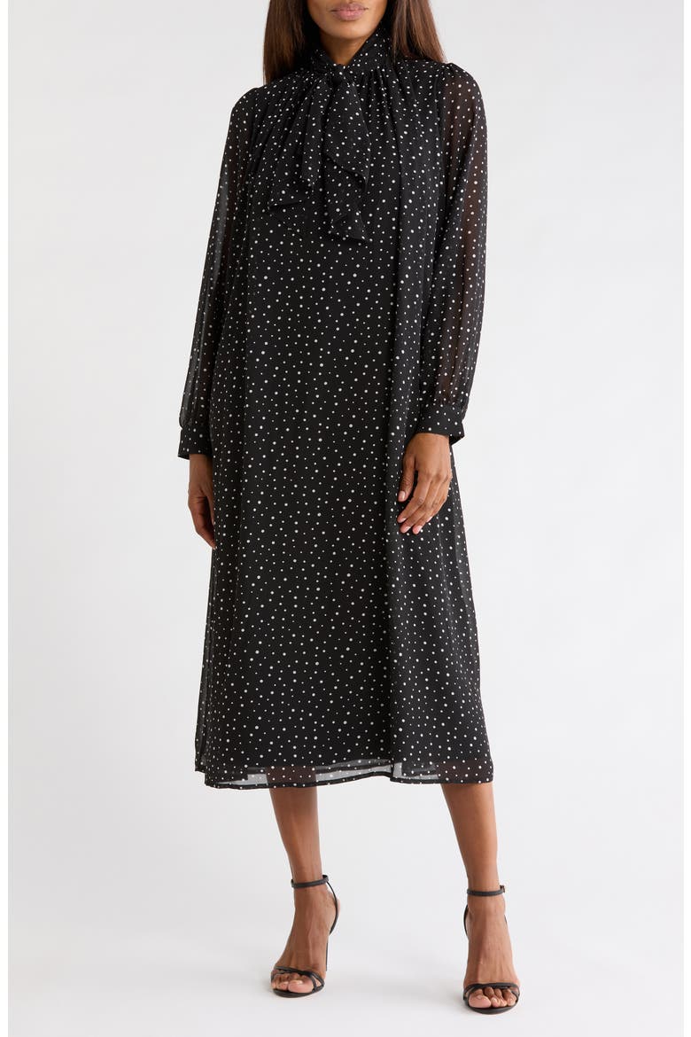 Dot Print Tie Neck Long Sleeve Midi Dress, Main, color, BLACK AND CREAM