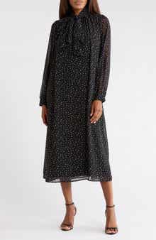 Dot Print Tie Neck Long Sleeve Midi Dress