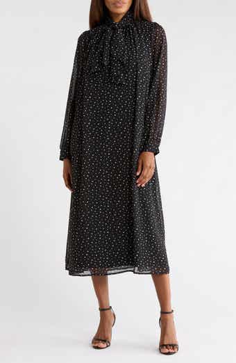 Dot Print Tie Neck Long Sleeve Midi Dress
