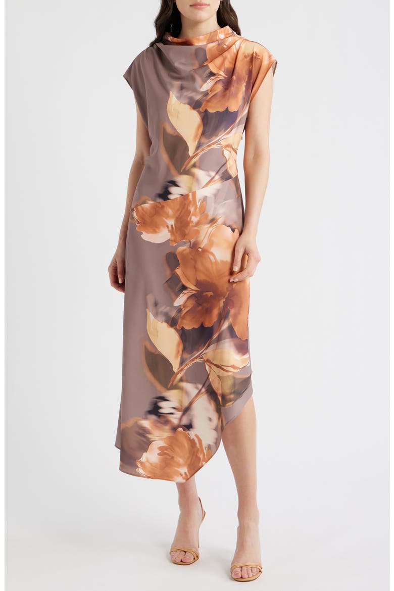 Print Asymmetric Cap Sleeve Cowl Neck Dress, Main, color, TAUPE