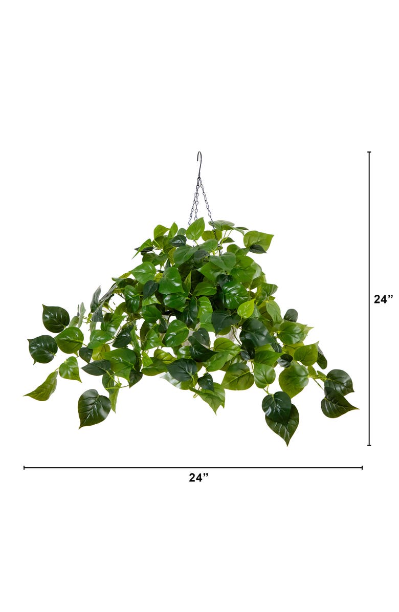 NEARLY NATURAL 24-in UV Resistant Artificial Philodendron with 50 Warm White LED Lights in White Hanging Basket, Alternate, color, Green