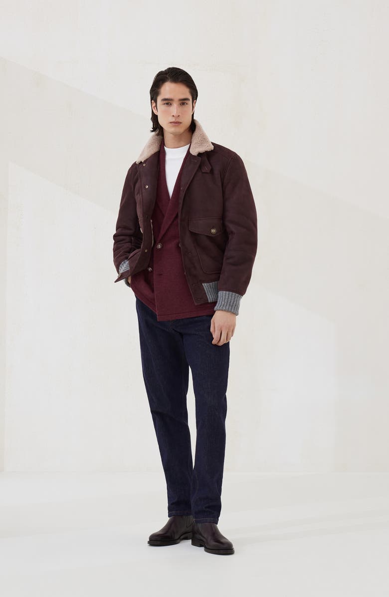 Brunello Cucinelli Nubuck shearling aviator jacket, Alternate, color, Purple