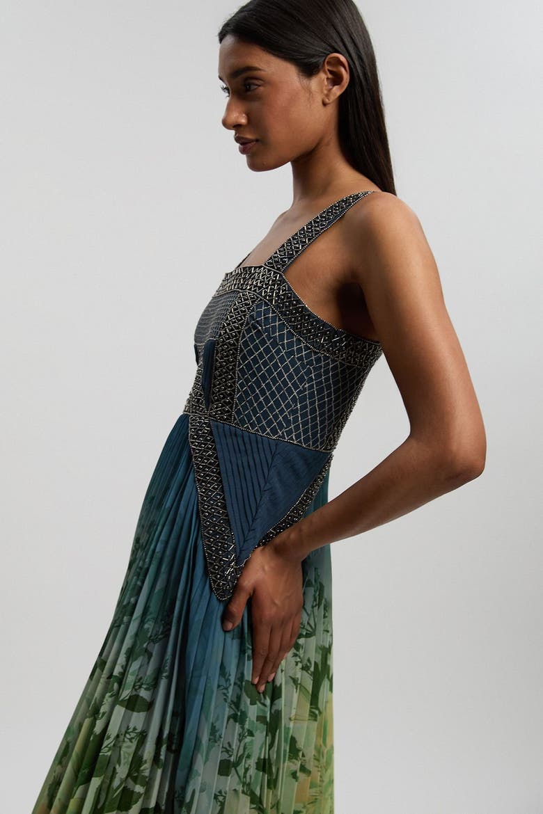 Embellished Pleated Maxi Dress, Alternate, color, Navy