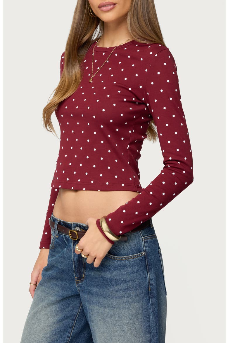 Daliya Polka Dot Long Sleeve Crop Shirt, Alternate, color, BURGUNDY