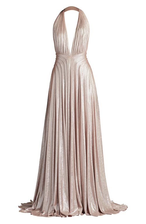 Tadashi Shoji Zarelle Pleated Metallic Halter Gown