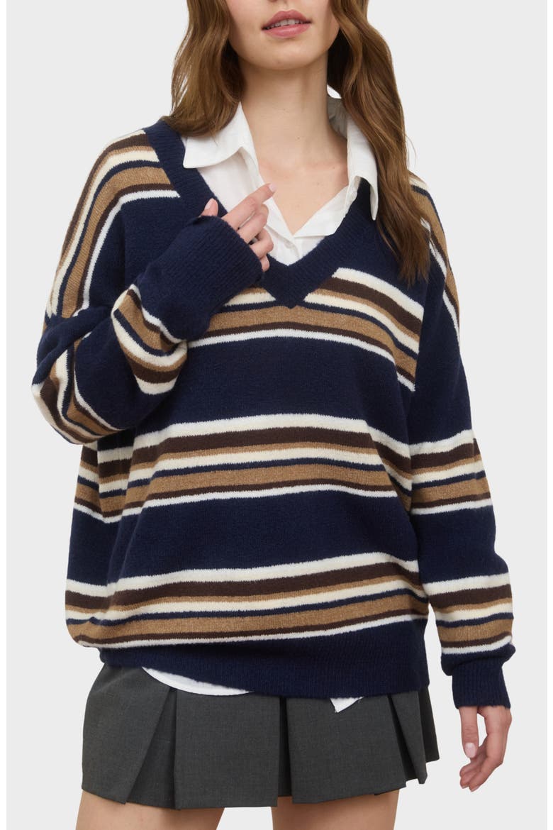 Pullover V-Neck Sweater, Main, color, NAVY MULTI