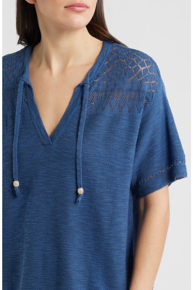 Tie Neck Pointelle Top, Alternate, color, CADET BLUE