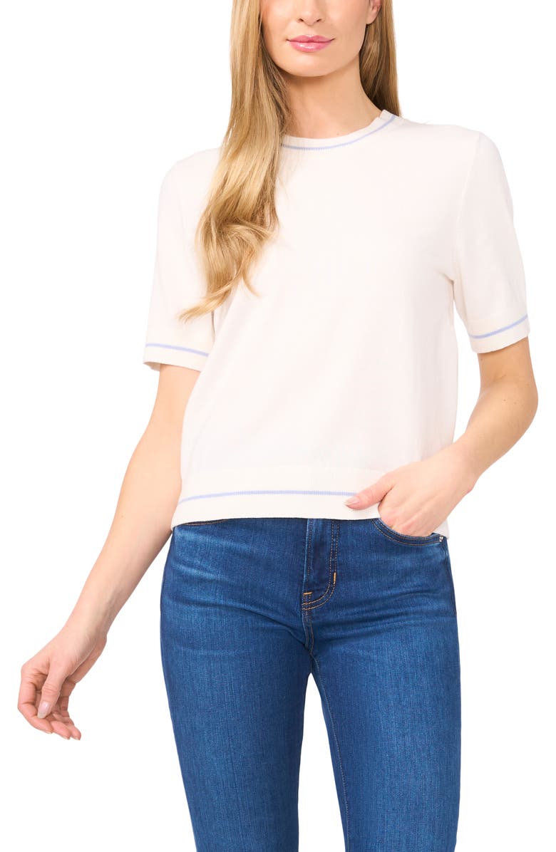 CeCe Tipped Short Sleeve Cotton Sweater, Main, color,