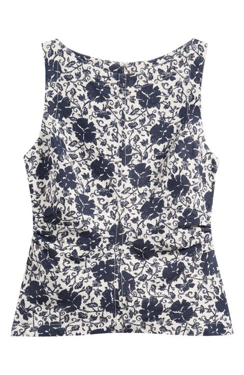 Cinched Boatneck Sleeveless Linen Top