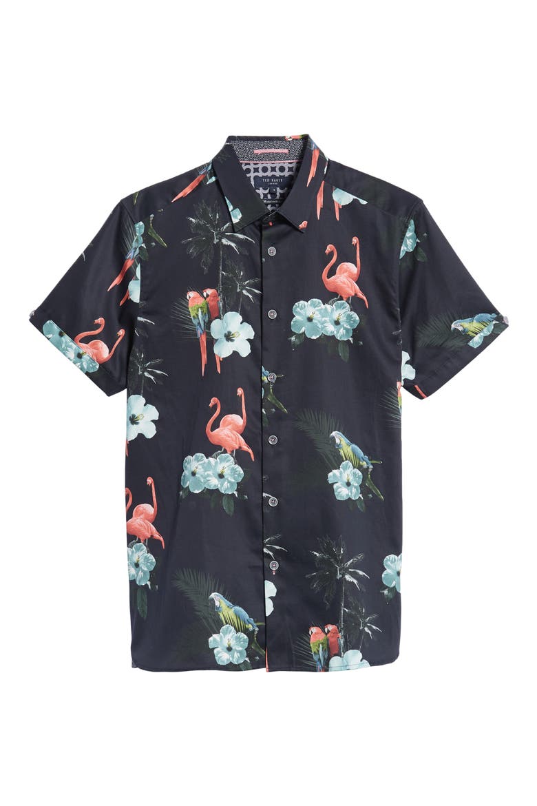 Chela Slim Fit Tropical Print Sport Shirt, Alternate, color, NAVY