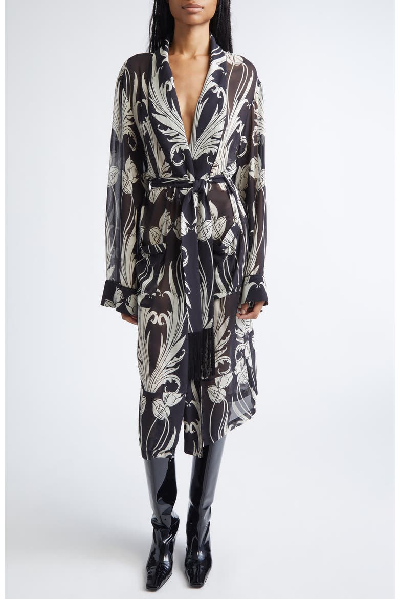 Print Silk Georgette Wrap Coat, Main, color, BLACK