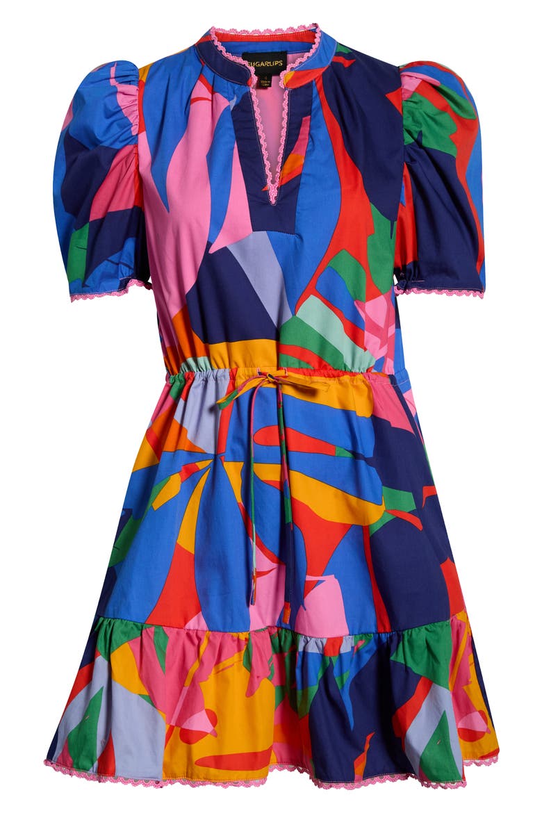 Chroma Lace Trim Puff Sleeve Drawstring Waist Cotton Dress, Alternate, color, RED-BLUE-MULTI